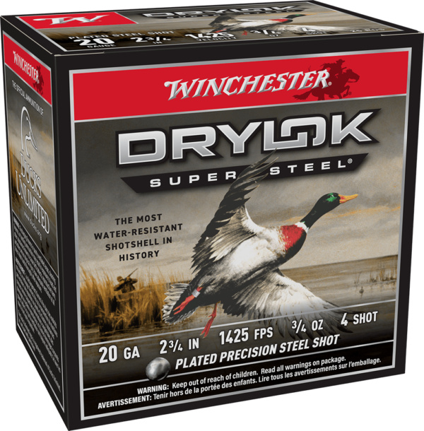 WINCHESTER DRYLOK SUPER STEEL  20 GA 2-3/4" #4  3/4 OZ 25 RD/BX 10 BX/CS
