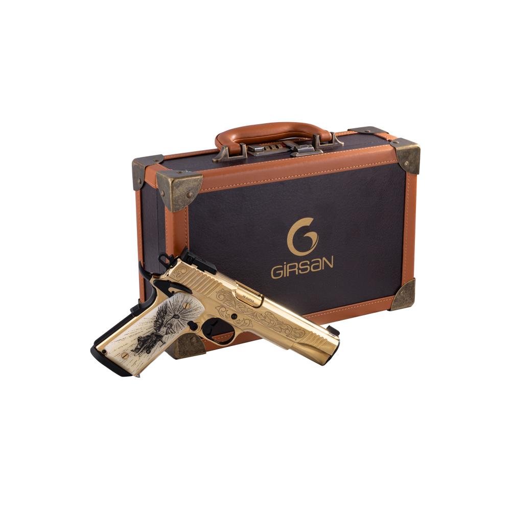 EAA Girsan MC1911 Gold Lux Handgun .38 Super 9rd Magazines(2) 5" Barrel Engraved Slide and Grips Luxury Case