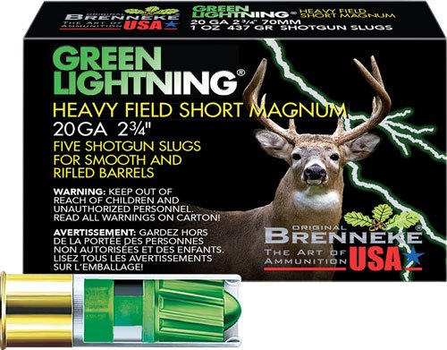 BRENNEKE USA GREEN LIGHTNING - 20GA 2.75" 1OZ SLUG 5RD 50BX/C